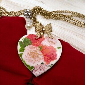 Floral Heart Pendant Necklace with Bow Pearl Accents Gold Tone Chain